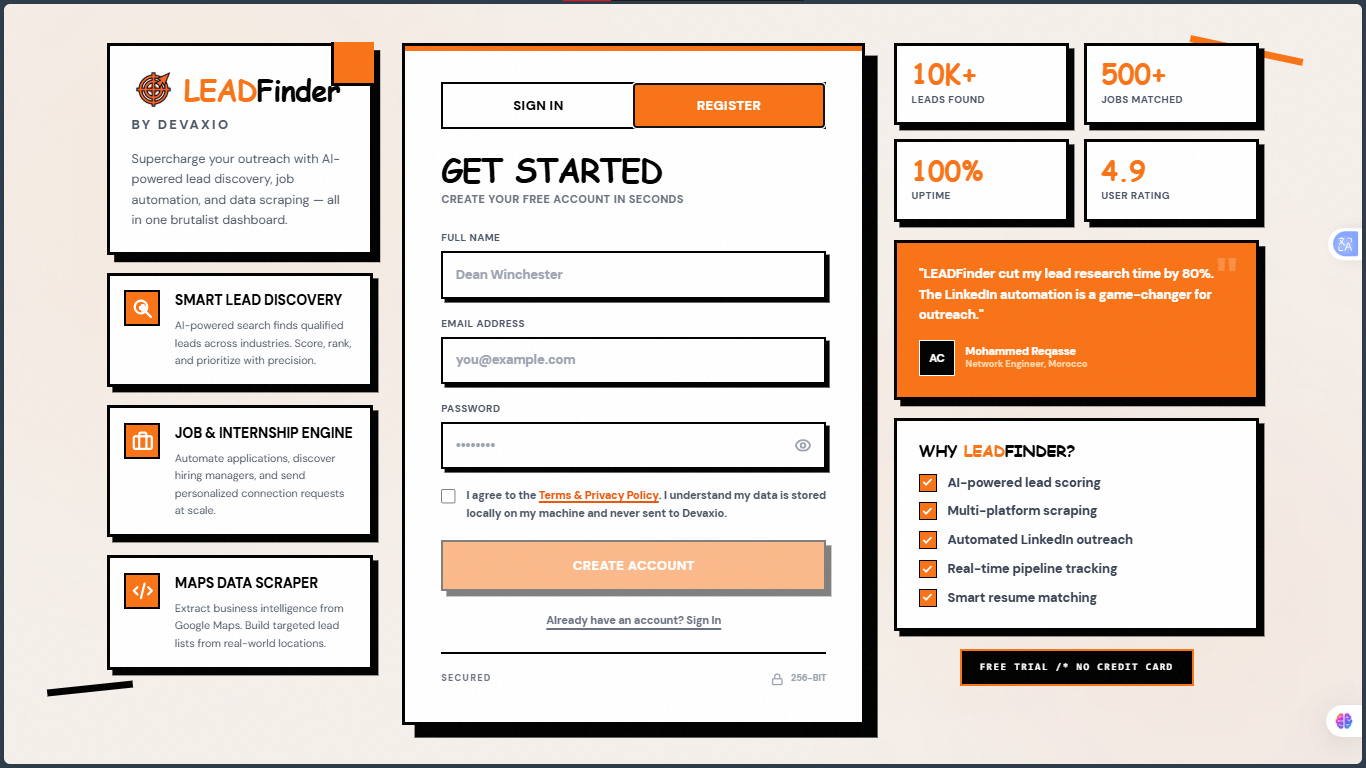 LEADFinder Login and Register Screen